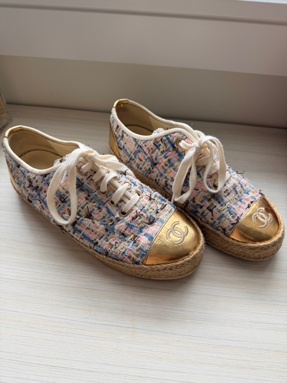 CHANEL Multicolor Tweed Sneakers with Gold Cap-Toe